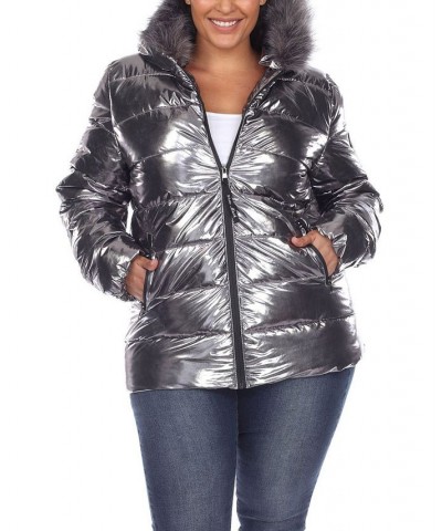 Plus Size Metallic Puffer Coat with Hoodie Silver-Tone $37.06 Coats