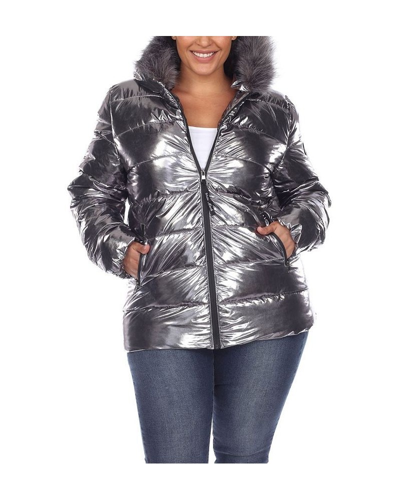 Plus Size Metallic Puffer Coat with Hoodie Silver-Tone $37.06 Coats