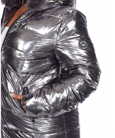 Plus Size Metallic Puffer Coat with Hoodie Silver-Tone $37.06 Coats