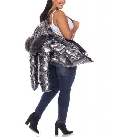 Plus Size Metallic Puffer Coat with Hoodie Silver-Tone $37.06 Coats