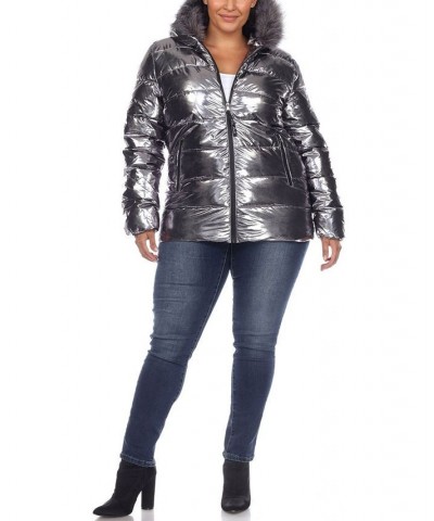 Plus Size Metallic Puffer Coat with Hoodie Silver-Tone $37.06 Coats