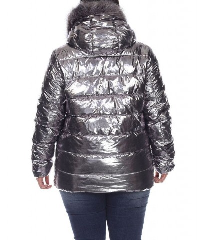 Plus Size Metallic Puffer Coat with Hoodie Silver-Tone $37.06 Coats