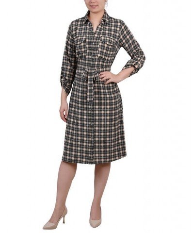 Women's 3/4 Sleeve Roll Tab Shirtdress with Belt Beige Jet Benplaid $20.72 Dresses