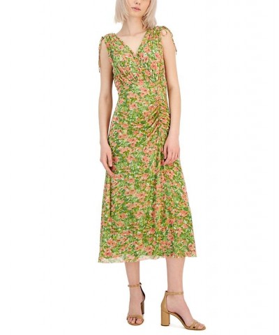 Women's Floral-Print Tie-Shoulder Ruched Midi Dress Sprout Multi $66.72 Dresses