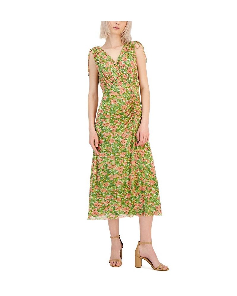 Women's Floral-Print Tie-Shoulder Ruched Midi Dress Sprout Multi $66.72 Dresses