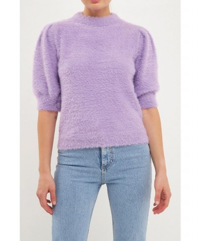 Women's Feather Plush Puff Sleeve Sweater Top Lavender $47.70 Sweaters