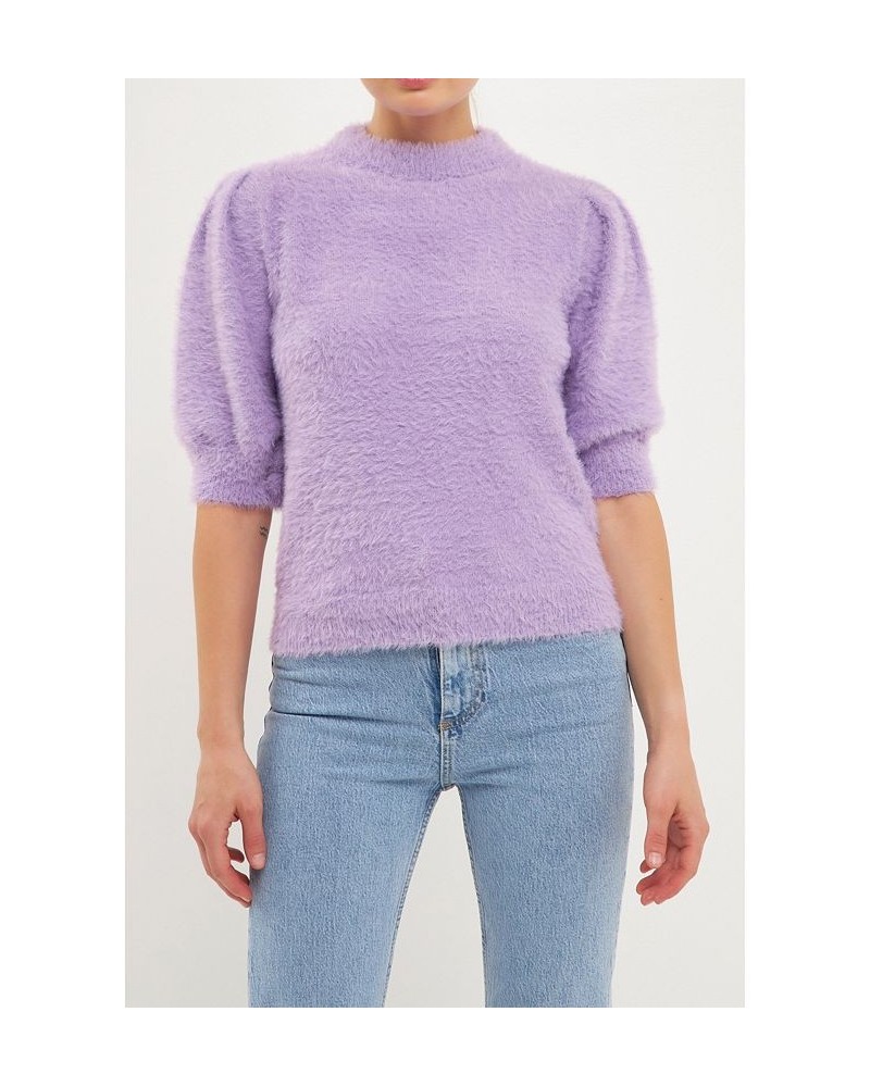 Women's Feather Plush Puff Sleeve Sweater Top Lavender $47.70 Sweaters