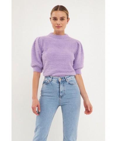 Women's Feather Plush Puff Sleeve Sweater Top Lavender $47.70 Sweaters