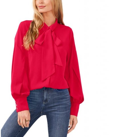 Women's Button-Up Bow Blouse Rose Cerise $27.24 Tops