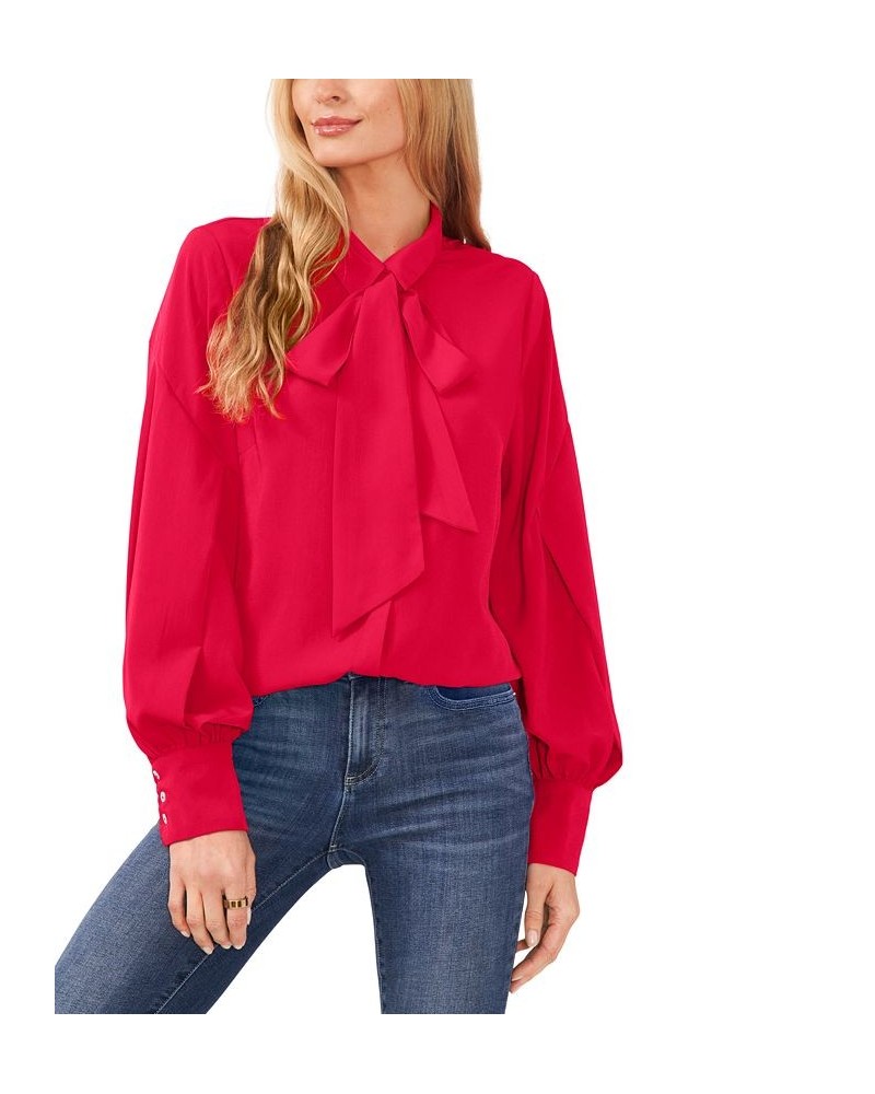 Women's Button-Up Bow Blouse Rose Cerise $27.24 Tops