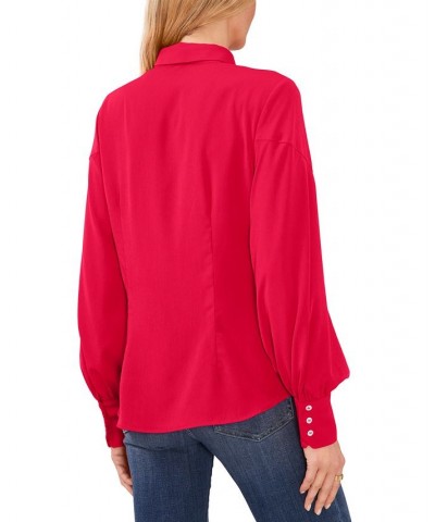 Women's Button-Up Bow Blouse Rose Cerise $27.24 Tops