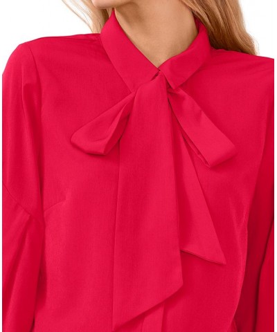 Women's Button-Up Bow Blouse Rose Cerise $27.24 Tops