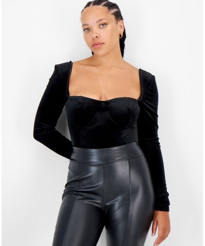 Women's Square-Neck Velvet Bodysuit Black $13.16 Tops