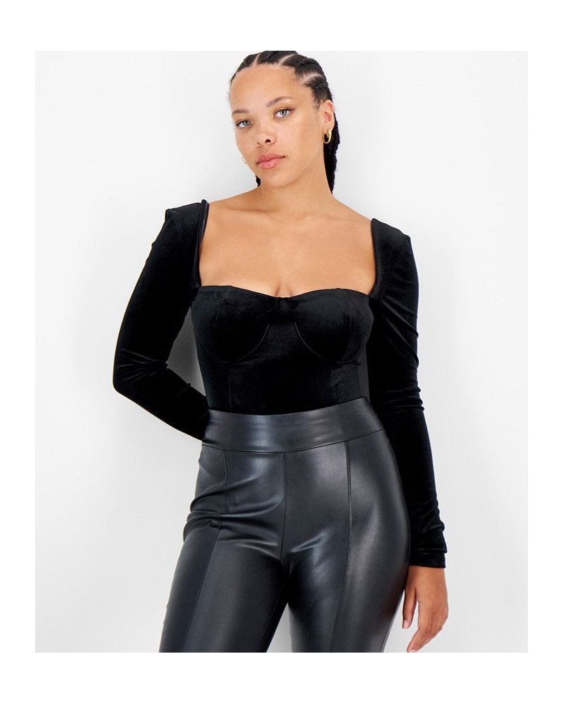 Women's Square-Neck Velvet Bodysuit Black $13.16 Tops