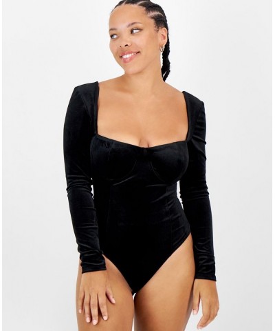 Women's Square-Neck Velvet Bodysuit Black $13.16 Tops