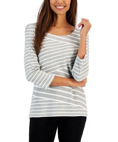 Women's Callie Asymmetrical-Stripe 3/4-Sleeve Top Intrepid Blue $10.59 Tops