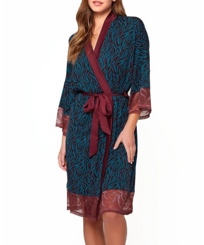 Women's Zebra Patterned Robe with Lace Detail and Removable Waist Tie Teal-Burgundy $46.30 Lingerie