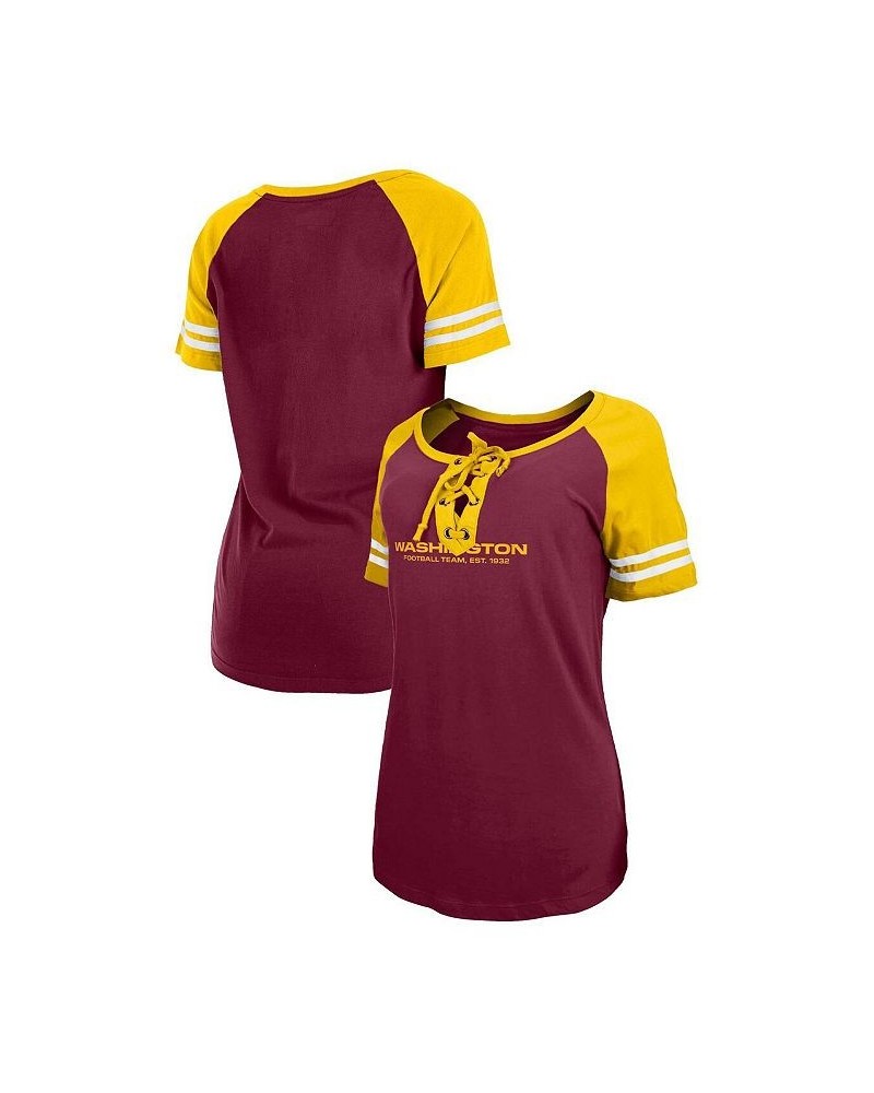 Women's Burgundy Gold Washington Commanders Logo Lace-Up Raglan T-shirt Red $22.08 Tops