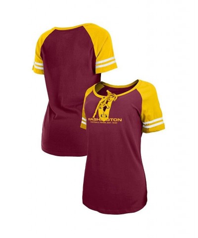 Women's Burgundy Gold Washington Commanders Logo Lace-Up Raglan T-shirt Red $22.08 Tops