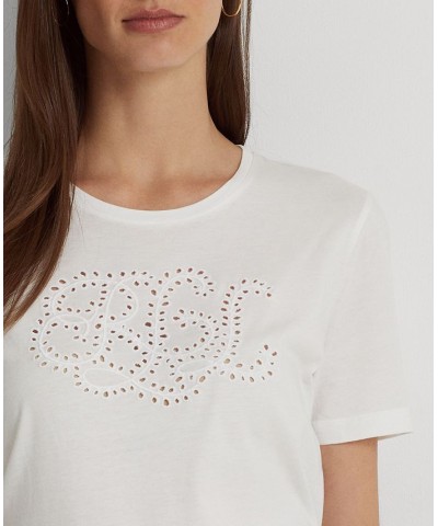 Women's Eyelet Logo Cotton-Blend T-Shirt Regular & Petite White $35.80 Tops