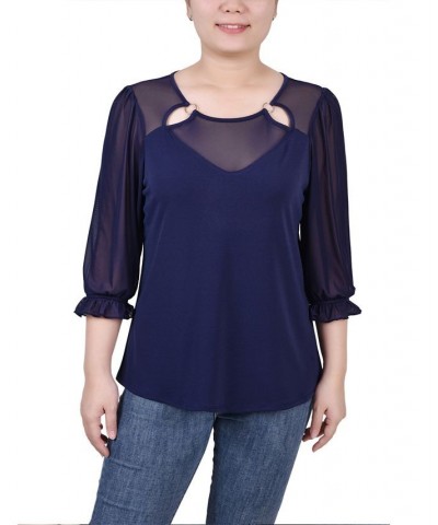 Petite 3/4 Sleeve Ringed Mesh Top Blue $22.26 Tops