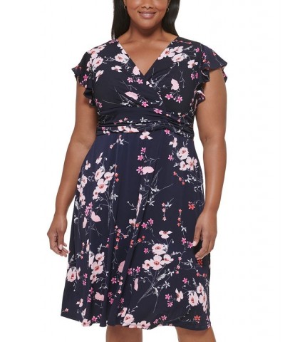 Plus Size Flutter-Sleeve Ruched-Waist Dress Navy Multi $50.31 Dresses