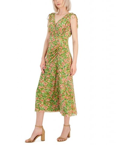 Women's Floral-Print Tie-Shoulder Ruched Midi Dress Sprout Multi $66.72 Dresses