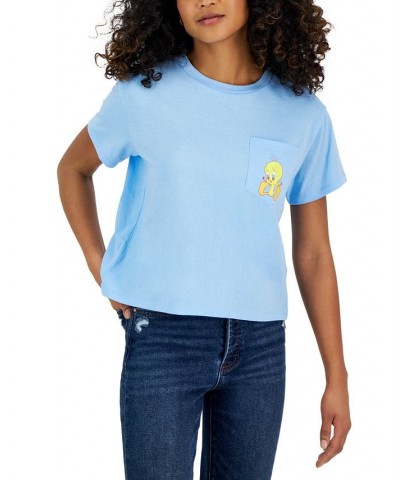 Juniors' Crew-Neck Tweety-Graphic Pocket T-Shirt Blue $10.82 Tops