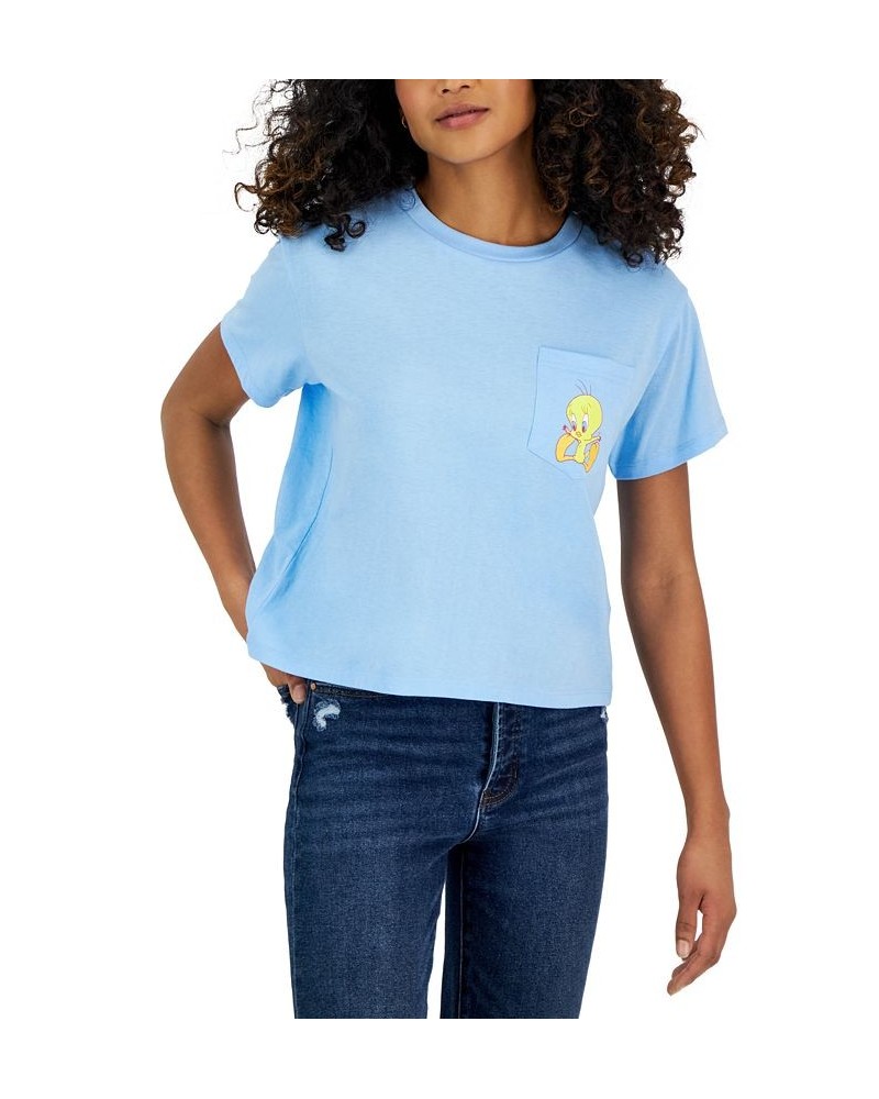 Juniors' Crew-Neck Tweety-Graphic Pocket T-Shirt Blue $10.82 Tops