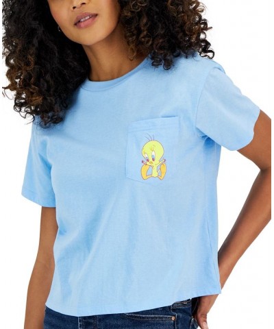 Juniors' Crew-Neck Tweety-Graphic Pocket T-Shirt Blue $10.82 Tops