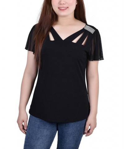 Petite Size Short Flutter Sleeve Top with Cutouts and Stones Black $15.36 Tops