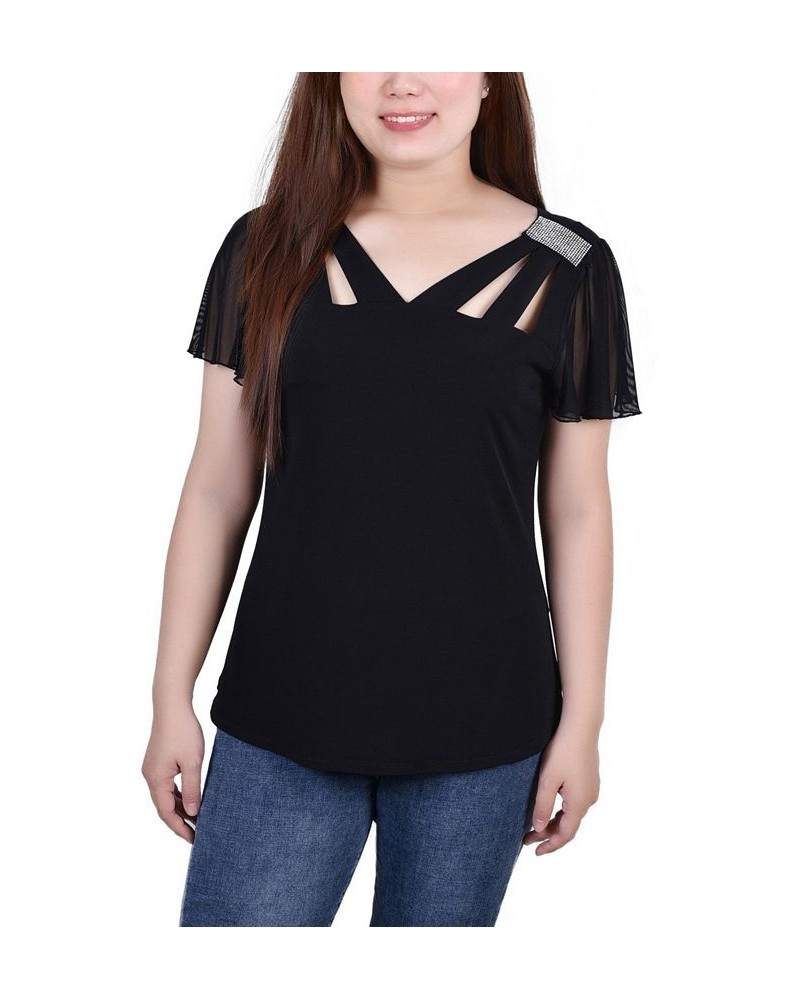 Petite Size Short Flutter Sleeve Top with Cutouts and Stones Black $15.36 Tops