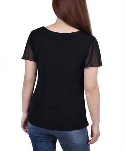 Petite Size Short Flutter Sleeve Top with Cutouts and Stones Black $15.36 Tops