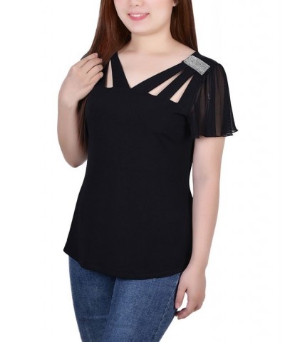 Petite Size Short Flutter Sleeve Top with Cutouts and Stones Black $15.36 Tops