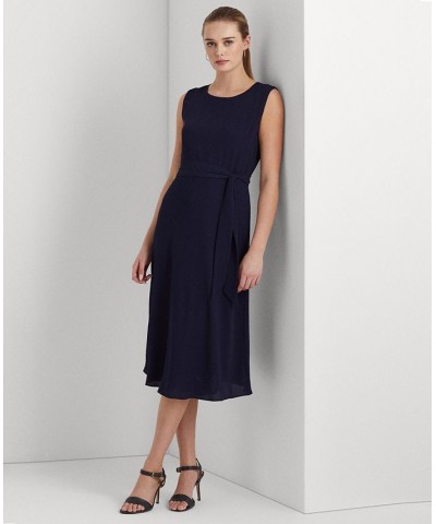 Women's Belted Bubble Crepe Dress Blue $63.45 Dresses