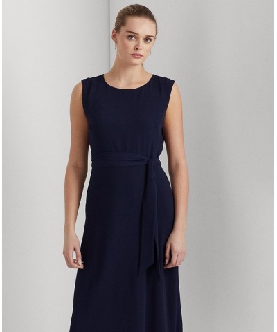 Women's Belted Bubble Crepe Dress Blue $63.45 Dresses