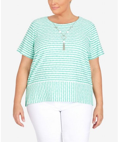 Plus Size Classic Stripe Texture Knit Top with Necklace Green $34.94 Tops