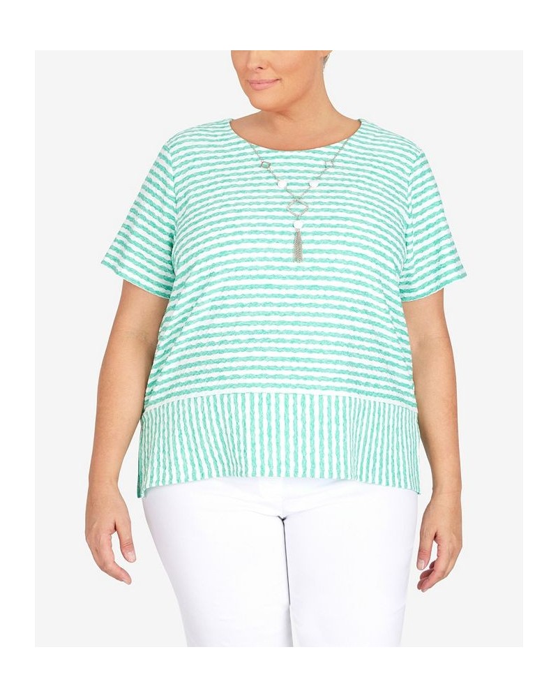 Plus Size Classic Stripe Texture Knit Top with Necklace Green $34.94 Tops