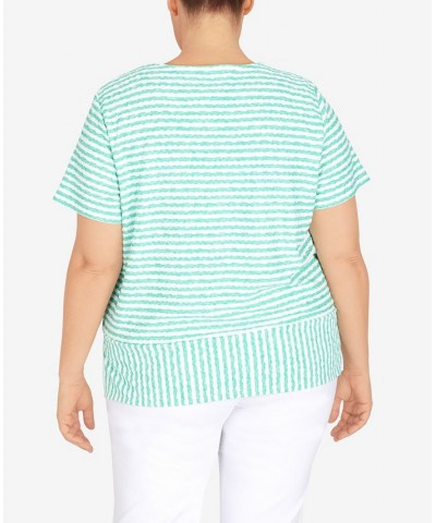 Plus Size Classic Stripe Texture Knit Top with Necklace Green $34.94 Tops