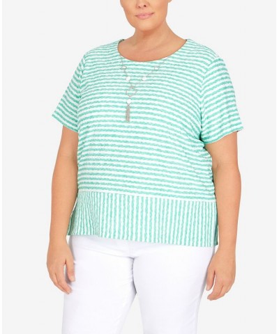 Plus Size Classic Stripe Texture Knit Top with Necklace Green $34.94 Tops