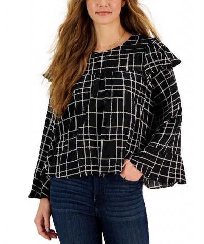 Women's Linear-Print Ruffled Bell-Sleeve Top Cross Stitch Black $24.42 Tops