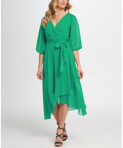 Balloon-Sleeve Faux-Wrap Dress Apple Green $52.82 Dresses