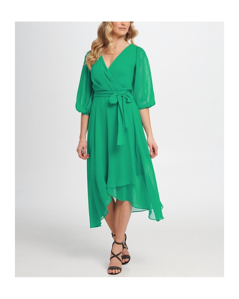 Balloon-Sleeve Faux-Wrap Dress Apple Green $52.82 Dresses