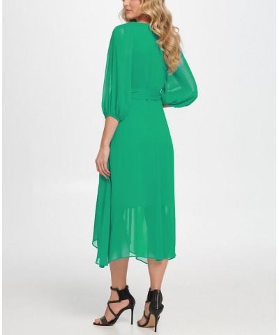 Balloon-Sleeve Faux-Wrap Dress Apple Green $52.82 Dresses