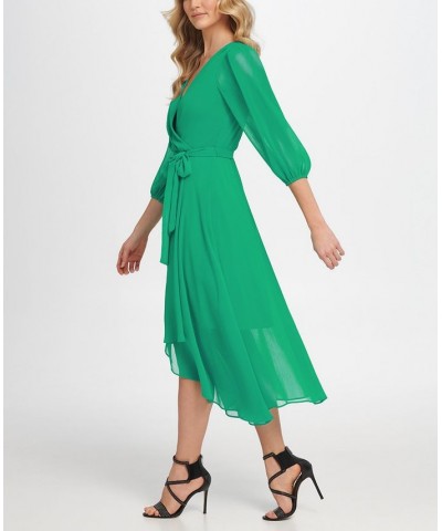 Balloon-Sleeve Faux-Wrap Dress Apple Green $52.82 Dresses