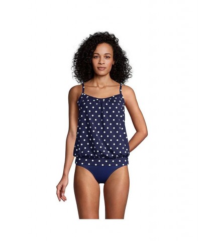 Women's Long Blouson Tummy Hiding Tankini Swimsuit Top Adjustable Straps Deep sea polka dot $50.19 Swimsuits