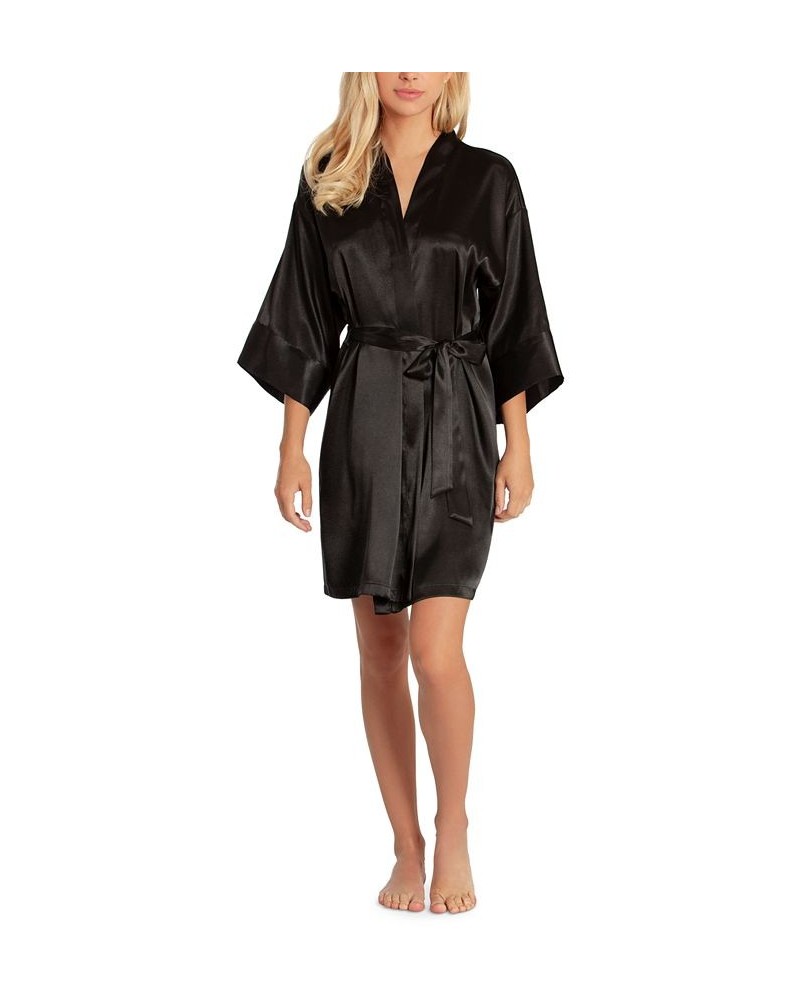 Women's Short Satin Wrap Robe Lingerie Black $14.28 Sleepwear