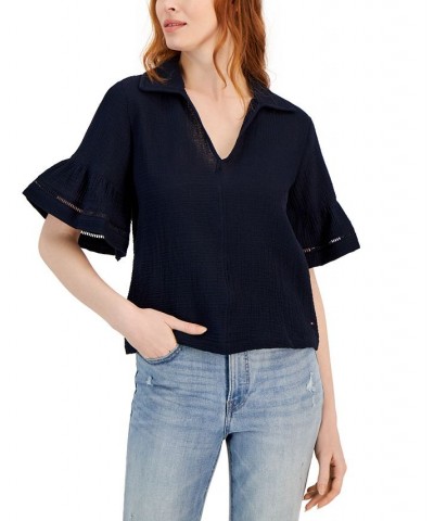 Women's Ruffled Sleeve Popover Top Blue $43.73 Tops