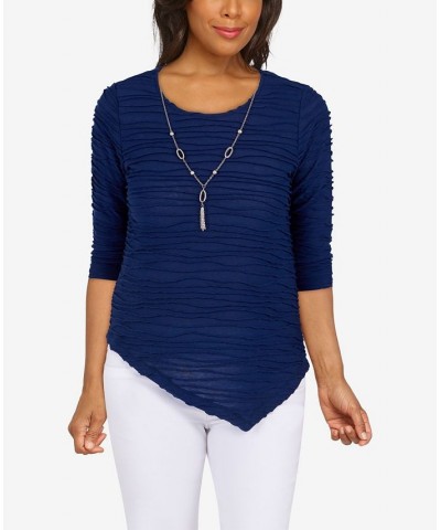 Petite Size Classics Solid Texture Top with Detachable Necklace Navy $25.80 Tops