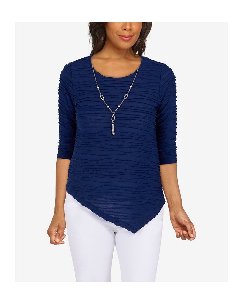 Petite Size Classics Solid Texture Top with Detachable Necklace Navy $25.80 Tops